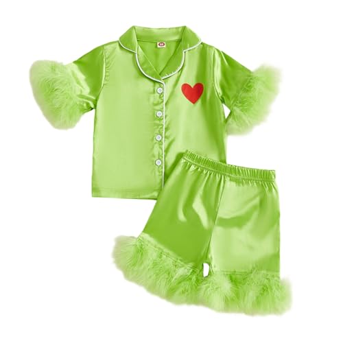 Kuriozud Toddler Girl Boy Christmas Satin Pajamas Heart Print Feather Trim Sleeve Button Down Sleepwear Kids Little Pjs Set
