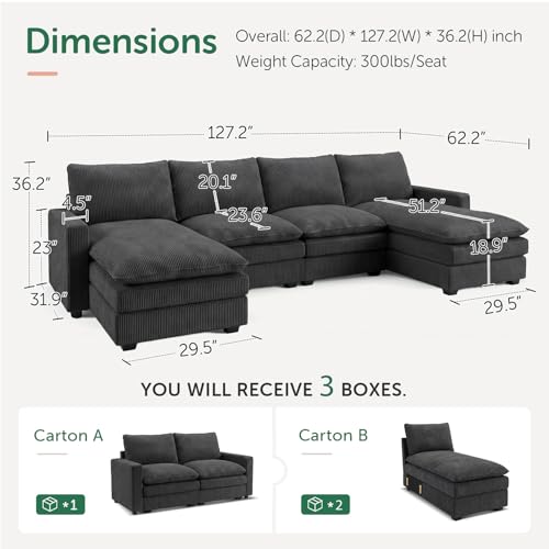 Image of HONBAY 127.2 Inch Corduroy Cloud Modular Sectional Sofa with Chaise, Deep Seat U-Shaped Couch with Storage for Living Room, Apartment, Small Space,Grey