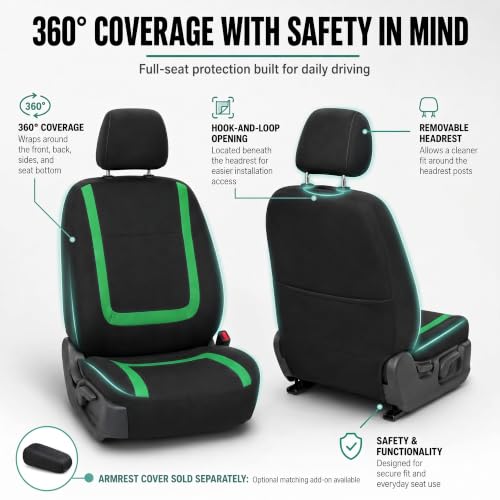 Image of FH Group Car Seat Covers Front Set in Cloth-Car Seat Covers for Low Back Car Seats with Removable Headrest,Universal Fit,Automotive Seat Covers,Washable Car Seat Cover for SUV,Sedan,Van Green
