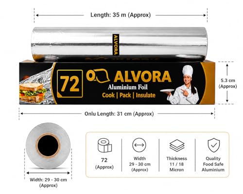 Image of Aluminium Foil Roll 72 No. - Heavy Duty Kitchen Foil Paper for Cooking, Baking, Grilling, Food Wrapping & Storage | Durable 11 /35 Micron Silver Foil Roll