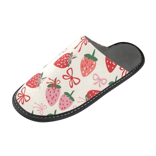 Slippers for Women Strawberry Simple Lines Bow Pattern Soft Winter Warm Shoes Indoor Outdoor Non-Slip House Travel Slippers2