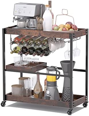 Sykit Bar Cart,3-Tier Coffee Bar on Wheels with 10-Bottle Wine Rack and Glass Holder and Removable Tray,Industrial Serving Cart for The Living Room, Kitchen (Rustic Brown)