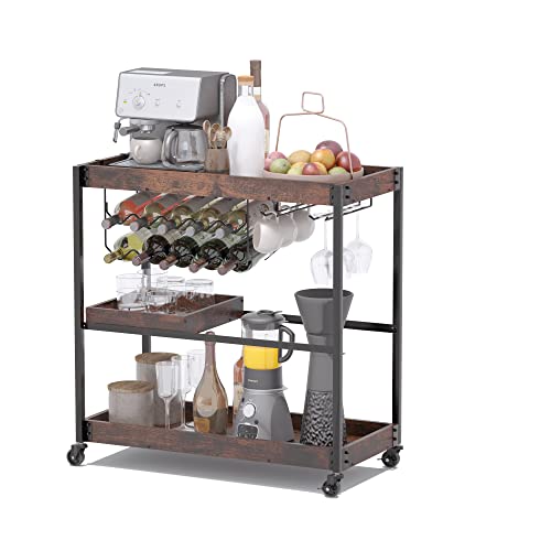 Bar Cart3 Tier Coffee Bar on Wheels with 10 Bottle Wine Rack and Glass Holder and Removable TrayIndustrial Serving Cart for The Living Room Kitchen Rustic Brown