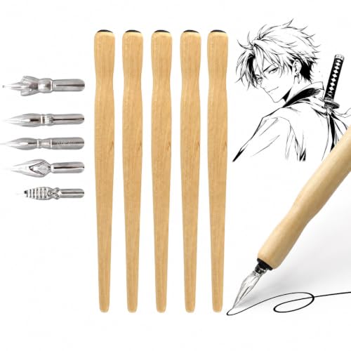 Xiciki Set 10Pcs Stylo Calligraphie-Stylo Plumeavec 5 Plumes, Kit 5 Pcs de Calligraphie et Écriture Porte-Plume pour Dessin Manga Illustration Comic Lettering