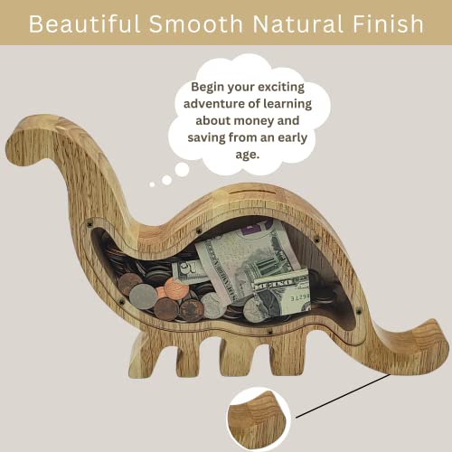 Jimzie Large Wooden Dinosaur Piggy Bank - Personalized Wooden Piggy Bank For Kids With Transparent Window And Letter Stickers - Piggy Bank For Boys - Ideal Gift For Kids, Nursery Bedroom (Dinosaur) #TOP2
