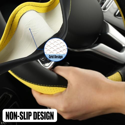 BINSHEO Leather Steering Wheel Cover, Breathable, Anti Slip & Odor Free, Black and Yellow