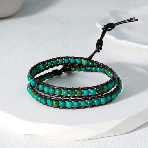 Image of KELITCH Double Wrap Bracelet Women Hand-Braided Turquoise Beads Bracelets Boho Leather Bracelets Bangle