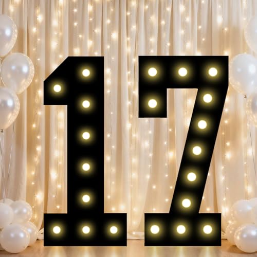 Image of Pooqla 17th Birthday Decorations for Boys, 2.4FT Light Up Numbers | Marquee Numbers Black Party Decorations, Large Lighted Number Gifts for Boys 17th Anniversary Decoration Party Backdrop