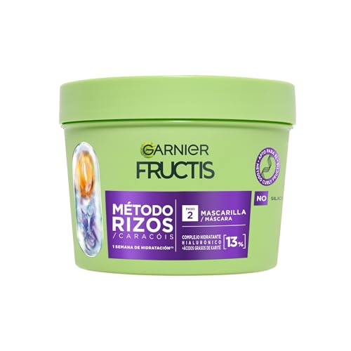 Garnier Fructis Método Rizos Mascarilla, Todo Tipo de Rizos, Definición e Hidratación, Con Ácido Hialurónico y Manteca de Karité, Sin Sulfatos Ni Siliconas, Fórmula Vegana, 370 ml