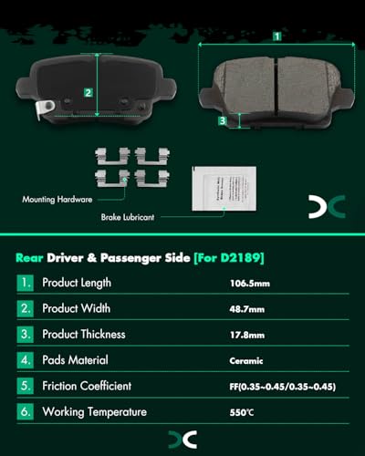 Image of SCITOO D2189 Rear Ceramic Brake Pads Sets w /Hardware Replacement For Buick For Envision 2021-2023,For Buick For Regal Sportback 2018-2020,For Cadillac For XT4 2019-2023