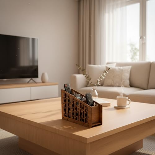 Image of Wooden Remote Control Holder - 4 Slot Remote Organizer Stand for Coffee Table TV Remote Caddy Storage Box for Living Room & Desk Size 7 x 5 x 2.5 Inches