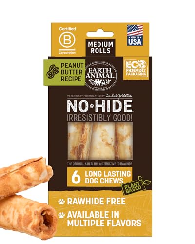 Earth Animal No Hide Medium Peanut Butter Flavored Natural Rawhide Free Dog Chews Long Lasting Chew Sticks | Treats for Large Dogs | Great for Aggressive Chewers - 6 Count