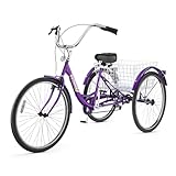 MarKnig 7 Speed Adult Tricycle, 24 Inch 3 Wheel Bikes with Large Basket, Cruiser Bike for Women/Men/Seniors, Adult Trike for Outdoor/Shopping/Recreation/Picnic (Purple)