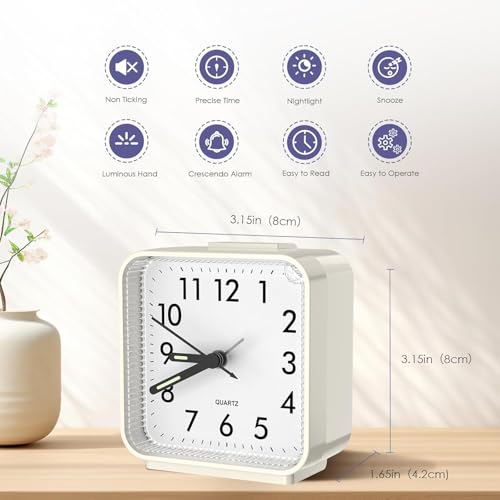 OQIMAX Analog Alarm Clocks, Non Ticking Table Clock with Luminous Hand & Large Display, Battery Powered Silent Bedside Alarm Clock with Night Light Function & Snooze, for Bedroom, Office (White)