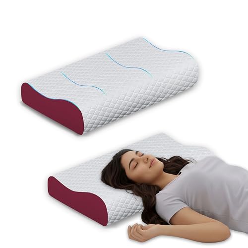 Image of Neck Support Pillow, Memory Foam Cervical Contour for Shoulder Pain Relief, Ergonomic Design for Back and Side Sleepers, Breathable Maroon Cover, 60 x 35 x 12 cm Orthopedic Bedding