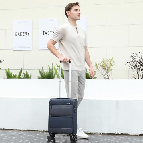 Image of Kono Carry On Luggage Softshell Suitcase with Spinner Wheels, 20in | 22x14x9 Airline Approved Lightweight Travel Suitcase with TSA Lock, Spinner Wheels, Durable Zipper Navy