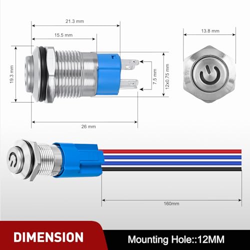 Image of Nilight 12mm Latching Push Button Switch 6pcs LED Blue Waterproof | Small Round Power Button Switches with Pre-Wiring Socket for Car Truck Boat Marine RV Vehicle