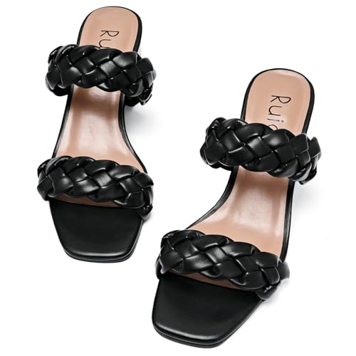 Women's Heels Braided Heeled Sandals, Squear Open Toe Slides Sandals Slip on Chunky Heel Sandals Dressy Summer Shoes for Women.3
