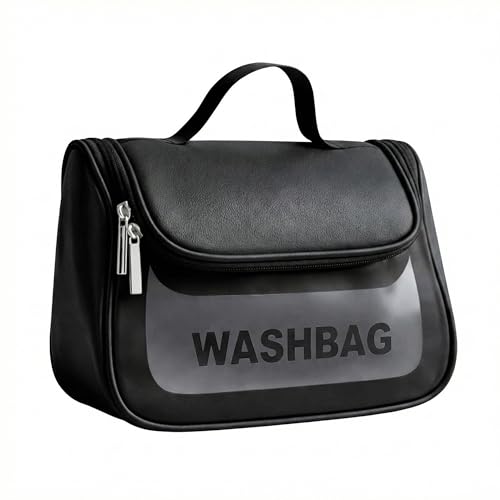 Image of Cosmetic Bag for Women, PU Leather Makeup Pouch, Large Capacity Travel Makeup Organizer with Divider & Handle, Waterproof Portable Vanity Storage Bag for Toiletries (Washing Bag-Black)