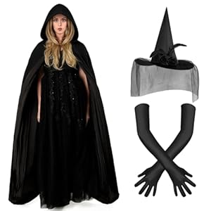 AUYAO Hexenkostüm Damen, Hexen Kostüm Komplettset mit Kapuzenumhang/Rosen Hexenhut/Handschuhe, Hexen Umhang Halloween Kostüm Erwachsene Unisex für Halloween Karneval Maskerade Hexe Cosplay Party 150