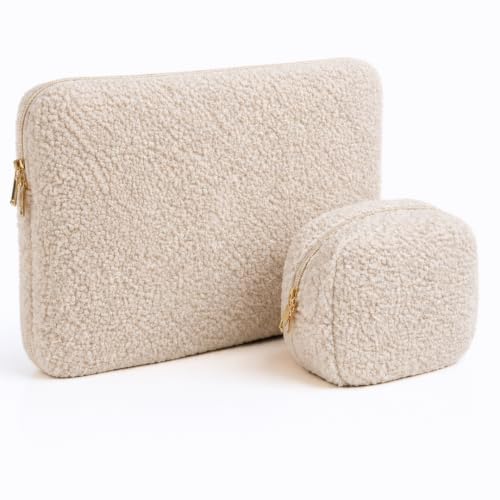 TALIDA Laptophülle - Laptoptasche Teddy-Stoff - Moderne und Hochwertige Notebook Hülle für Laptops aus Premium Teddy-Stoff (2, Beige, 13-14 Zoll)