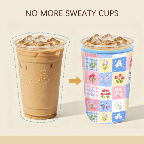 Image of Insulated Neoprene Cup Sleeve for Iced Coffee & Cold Soda - Reusable & Sweatproof, Keeps Drinks Cold Longer, Coffee Coolie for Hot & Iced Drinks (Gingham Floral, Small: 16-18oz)