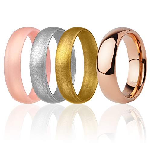 ROQ Silicone Rubber Wedding Ring for Women, Rubber Silicone Wedding Band, Bridal Jewelry Set, Anniversary Rings, Promise Ring, Full Cycle Tungsten & Silicone Set, 6mm Wide 2mm Thick, 4 Pack, Multi Sizes