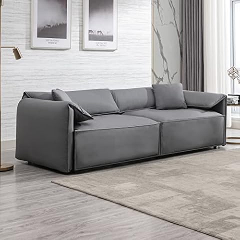 ZAFLY 97" W Oversized 4 Seater Sofa Couch, Faux Leather Upholstered Couches with 2 Throw Pillow, 32In Deep-Seat Modern Sofas with Foldable Armrests for Living Room, Home Theater Sofa -Dark Grey Cover
