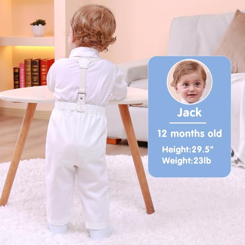Image of Booulfi Baptism Christening Outfits for Baby Boy Outfits,NB- 5t Boy Clothes | 4 Piece Button Down White Shirt Bow Tie Photography Suspenders Baptism Outfits for Boys,Newborn 5t Boys Clothes Summer
