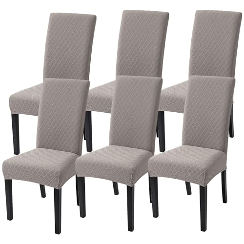 Image of SearchI Dining Room Chair Covers Set of 6, Stretch Jacquard Parsons Chair Slipcovers Removable Washable Kitchen Chair Protector Cover for Dining Room, Hotel, Ceremony (Taupe Rhombus)