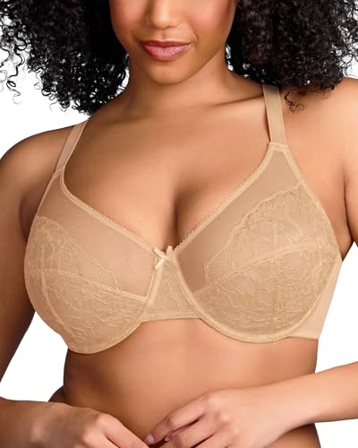 HSIA Minimizer Bras for Women Enchante Full Coverage Underwire Bras Plus Size Lifting Floral Lace Bra for Heavy Breast Beige
