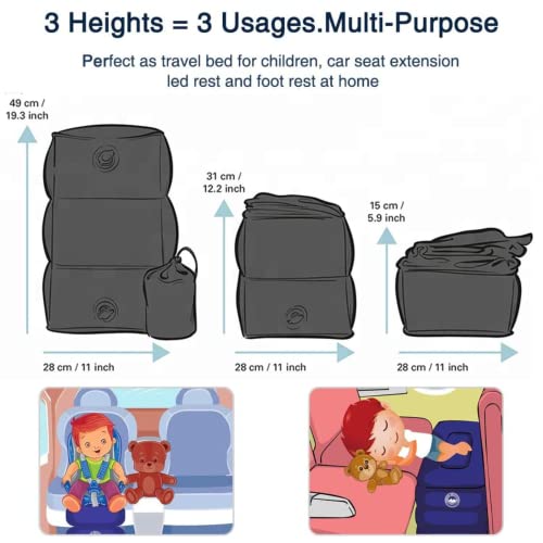 Image of Inflatable Travel Foot Rest Pillow - 3-Layer Adjustable Height Leg Rest for Airplane, Car, Office & Toddler Flight Seat Extender - Soft Flocked PVC, Portable with Pump & Dust Bag (Pack of 2, Dark Grey)