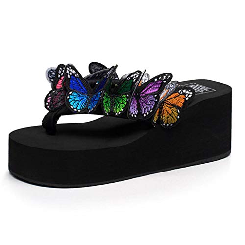 Sandalias de Punta Descubierta para Mujer Sandalias de Dedo Mujer Sandalias Romanas Mujer Zapatos Mujer Casual Zapato ZOELOVE Mariposa Cuñas Aletas Zapatillas De Playa/Black,37