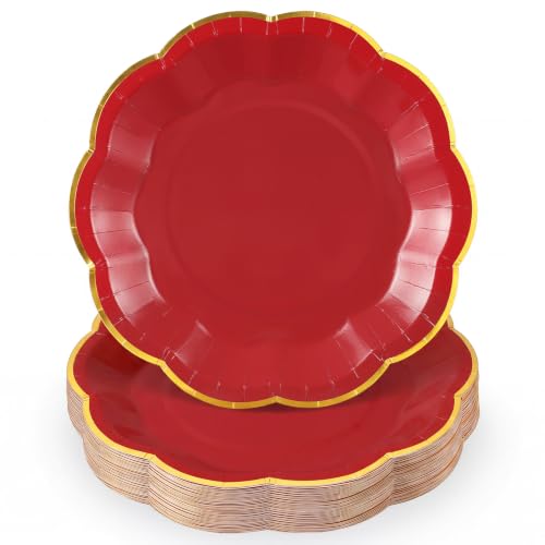 Image of 30 Pcs Red Plates with Gold Trim 9 Inch Scalloped Red Paper Dinner Plates