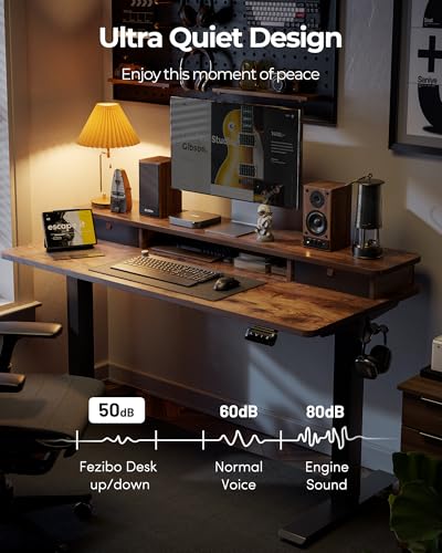 Image of FEZIBO 60 x 24 Inch Height Adjustable Electric Standing Desk with Double Drawer, Stand up Home Office Computer Desk with 4 Height-Adjustable Feets & 2 Hooks, Rustic Brown