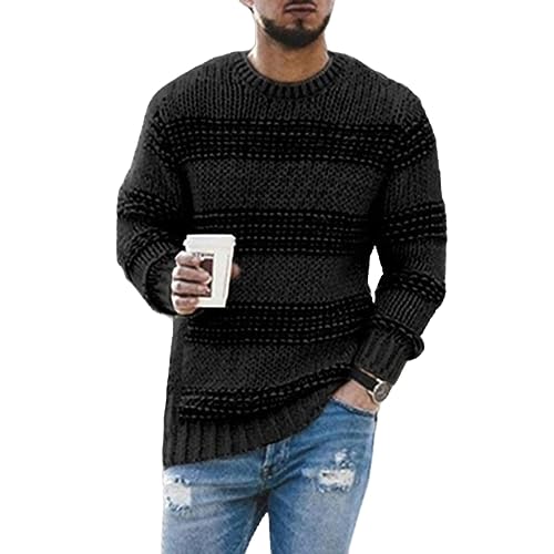 Knitted Sweater for Mens, Base Layer Merino Wool Striped Patchwork Chunky Pullover Baggy Casual Crewneck Jumper Tops