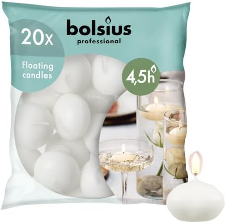 Bolsius Floating Candle - White - Bag of 20 - Long Burning Time of 4 Hours - Clean Burn - Interior Decoration - Vegan Wax - 3 x 4.5 cm