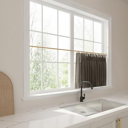 Image of TWOPAGES 42 inch inch W x 45 inch inch L Linen Blend Cafe Curtains for Kitchen Window, Light Filtering Pinch Pleated Tier Curtains, Modern Farmhouse Half Window Curtains for Bathroom, Chocolate Tart, 2 Panels