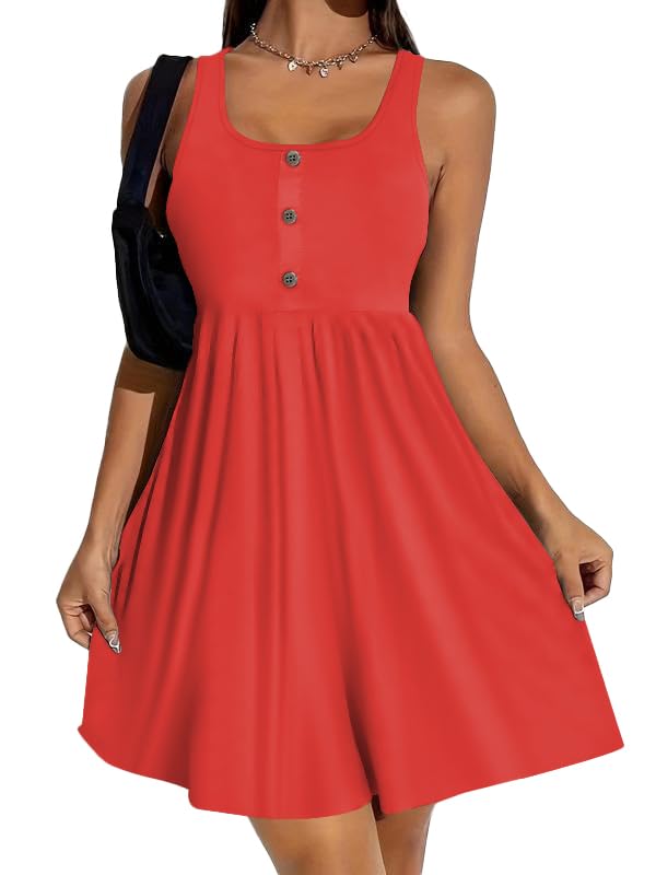 Image of BeadChica Women's Summer Tank Dress Sleeveless Scoop Neck Button-Down Sundress Cute Ruffle Hem Swing Mini A-Line Dress