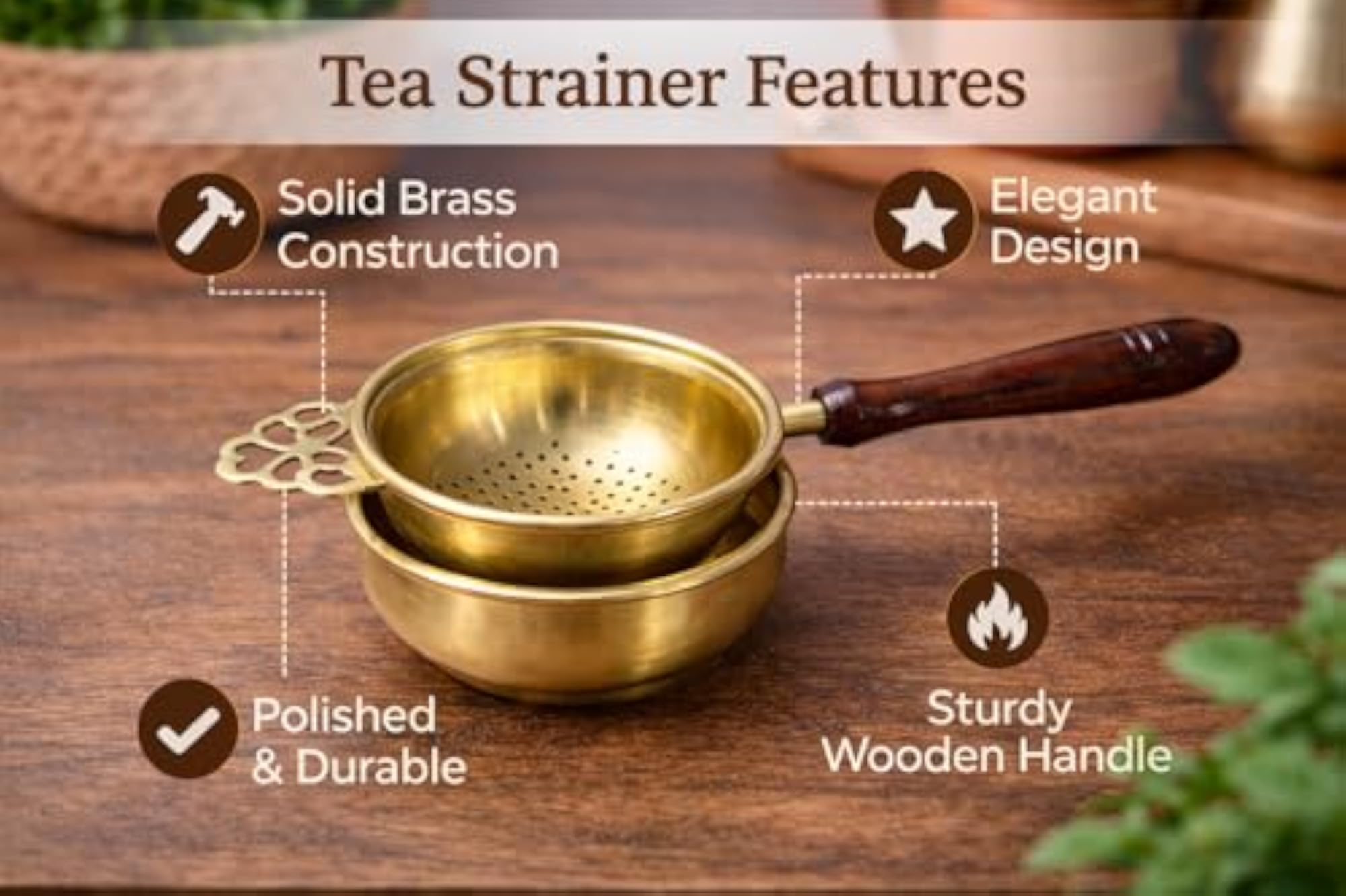 Brass Tea Strainer with Wooden Handle, Traditional Finish