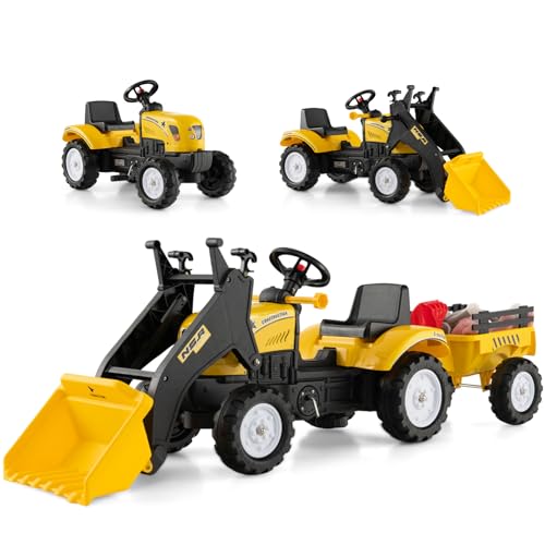 Kids Ride on Excavator, Pedal Go Kart with Manual Control Bucket, Detachable Cargo Trailer, Shovel, Rake, 6 Wheels, Horn, Construction Tractor for Kids 3+