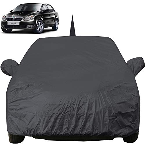 Image of Autofact Car Body Cover with Mirror Pockets Compatible for Skoda Rapid (Triple Stitched, Bottom Fully Elastic, Black Color)