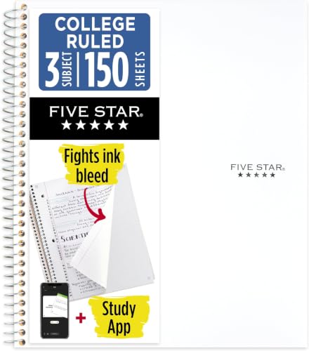 Image of Five Star Spiral Notebook + Study App, 3 Subject, College Ruled Paper, 8-1 /2 inch x 11 inch, 150 Sheets, Fights Ink Bleed, Water Resistant Cover, White (72464) (Pack of 6)