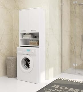 AKORD | Armadio Pensile per Lavatrice | Armadio di trasformazione con 2 ante, 2 Ripiani Aperti | Archivio per bagno | Cassettiera per lavatrice | 64x180x30 cm | Peso 30 kg | Bianco