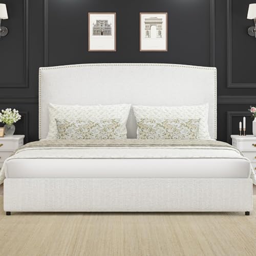 King Size Bed Frame and Headboard, Soft Boucle Fabric, 56
