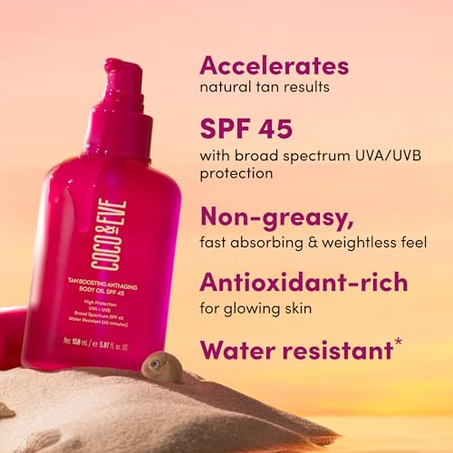 coco amp eve tan boosting anti-aging body oil spf45 - tanning accelerator pump uva uvb sun protection  moisturizing outdoor bronzing enhancer with natural ingredients antioxidants 507 fl oz