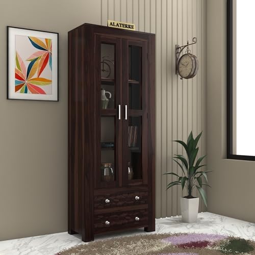 Image of Wood Book Shelf for Home Library | Wooden Book Shelf with Glass Door | Kitchen Crockery Cabinet, Almirah, Home Furniture, Books Rack, Book Stand, BookCases, Shelves, Walnut Finish