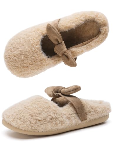 Fuzzy Slippers for Women Size 9, Soft Mary Jane Flats Slippers with Bow - image 1