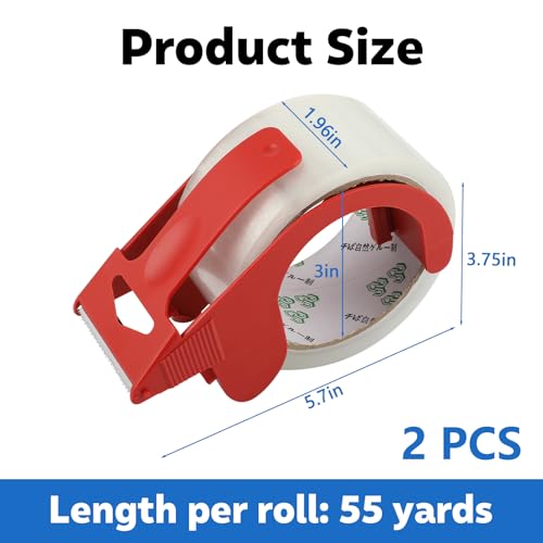 Mkobon 2 Rolls Packing Tape with Dispenser, 2 inch x 55 Yd Clear Packaging Tape, Heavy Duty Shipping Tape for Moving Boxes Shipping Mailing Gift Wrapping