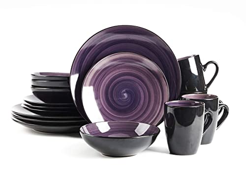Homevss, Stoneware Sonoma 16Pc Dinnerware Set, Black + Speckled Spin Wash Purple #TOP18